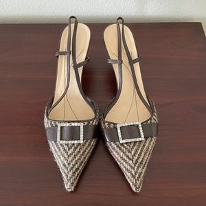 kate spade Brown Herringbone Tweed & Leather Pointed Toe Kitten Heel Pumps